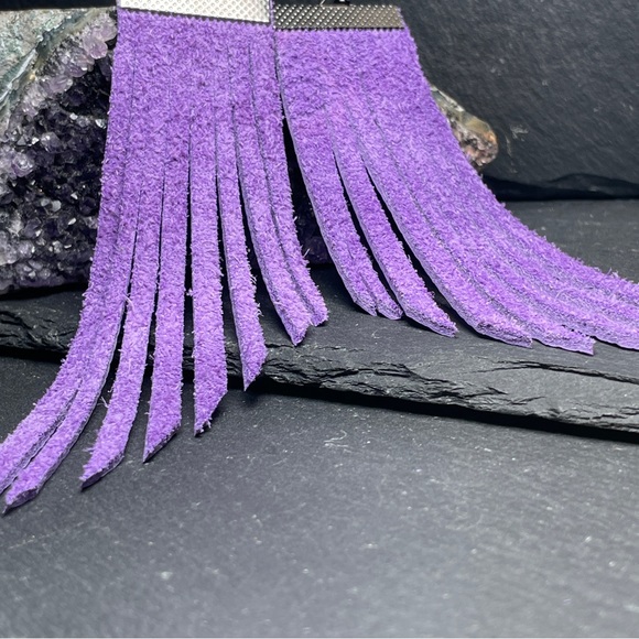 Genuine Suede In Deep Purple Hand Cut Fringe Boho Earrings - Picture 3 of 14